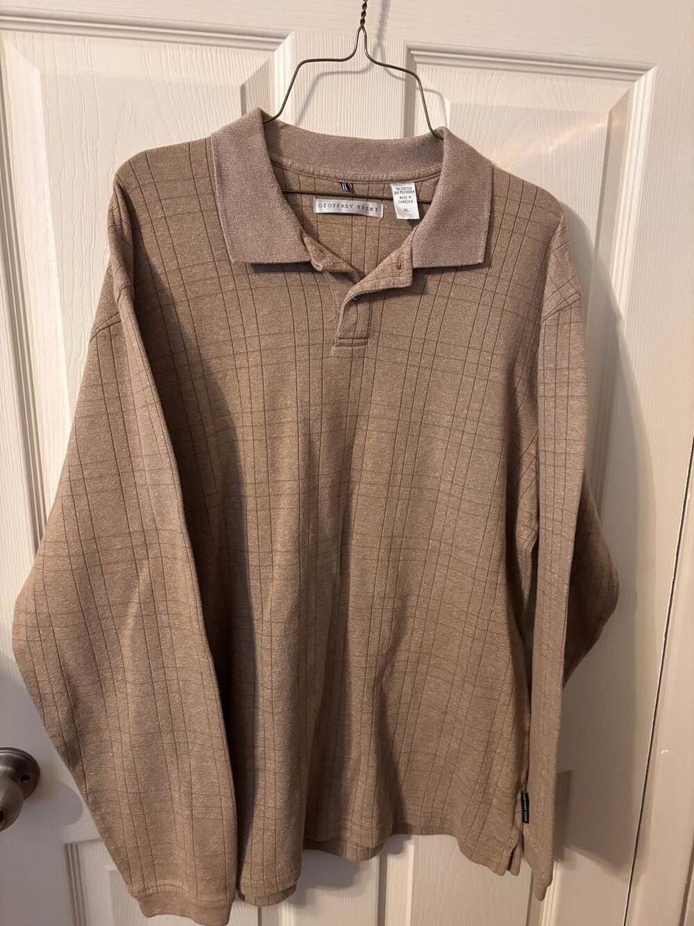 Geoffrey Beene Men's Long Sleeve Collared Knit Polo Shirt Brown Plaid Size XL